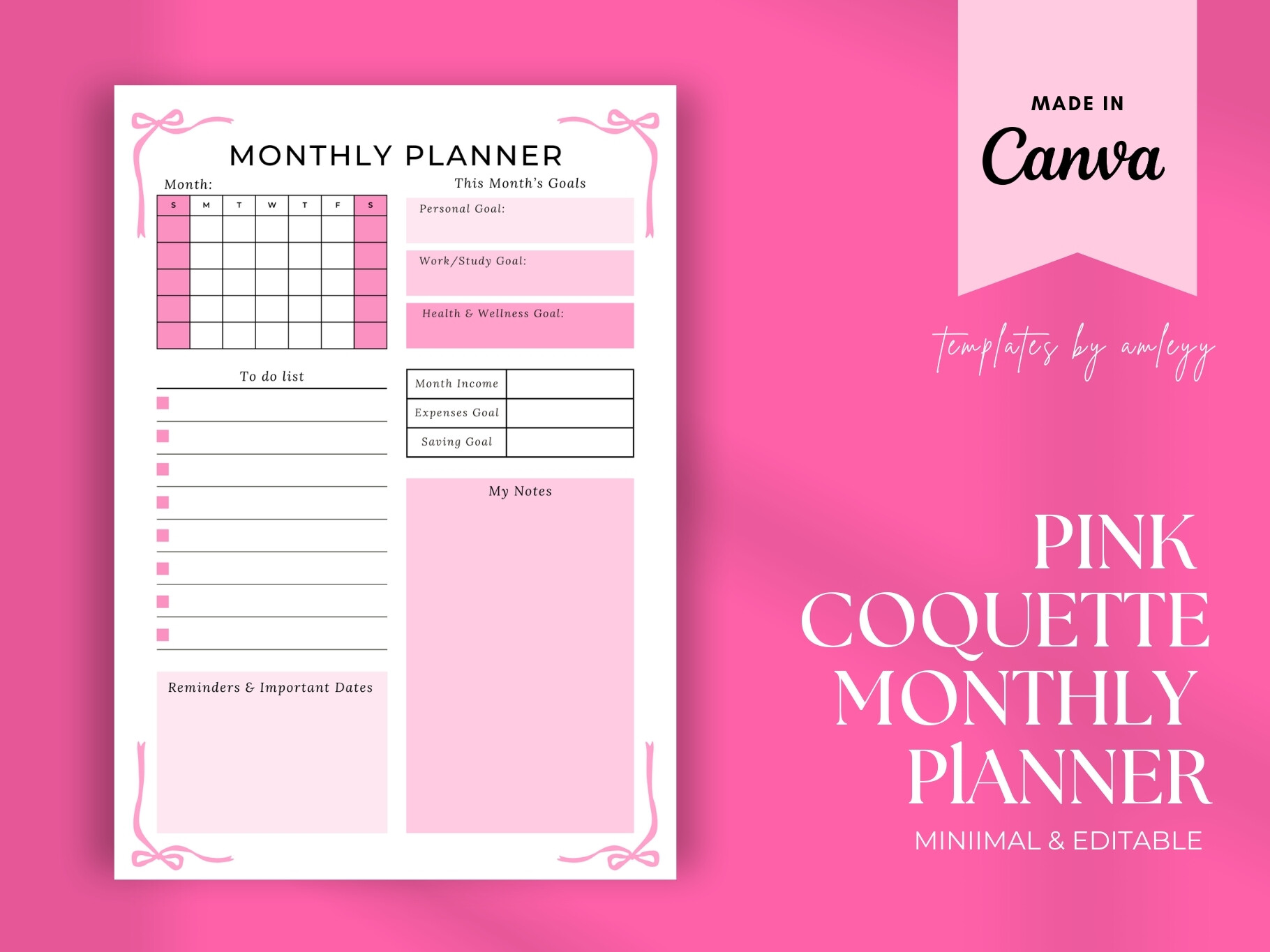 Pink Coquette Monthly Planner Template Graphic by Templates by amleyy ...