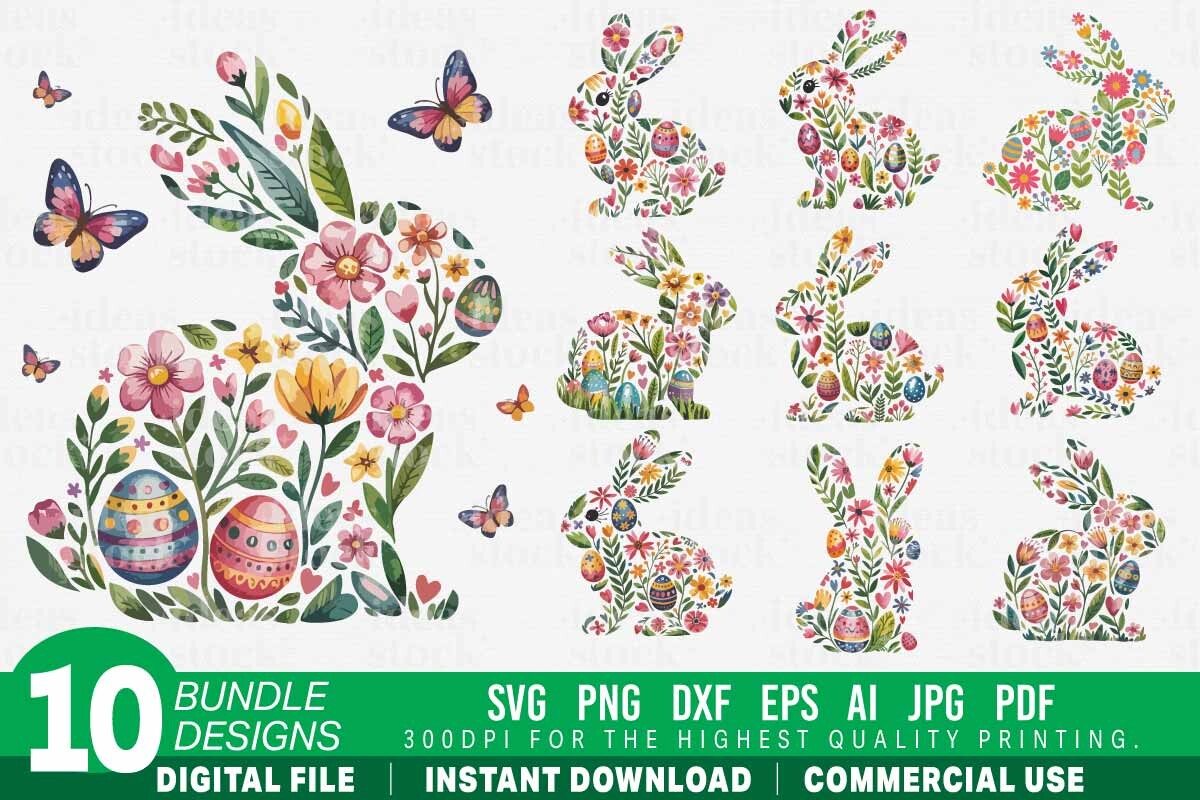 Easter Bunny Floral SVG Bundle Set. Graphic by ideasStock · Creative ...