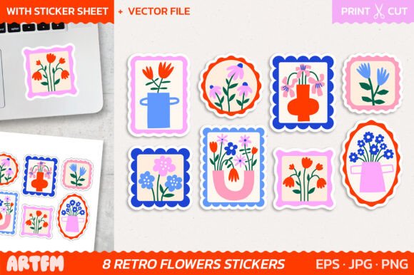 Retro Flowers Stamps Sticker Pack Graphic by ArtFM · Creative Fabrica