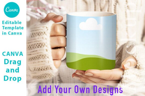 Woman Holding 11oz Mug, Canva Template