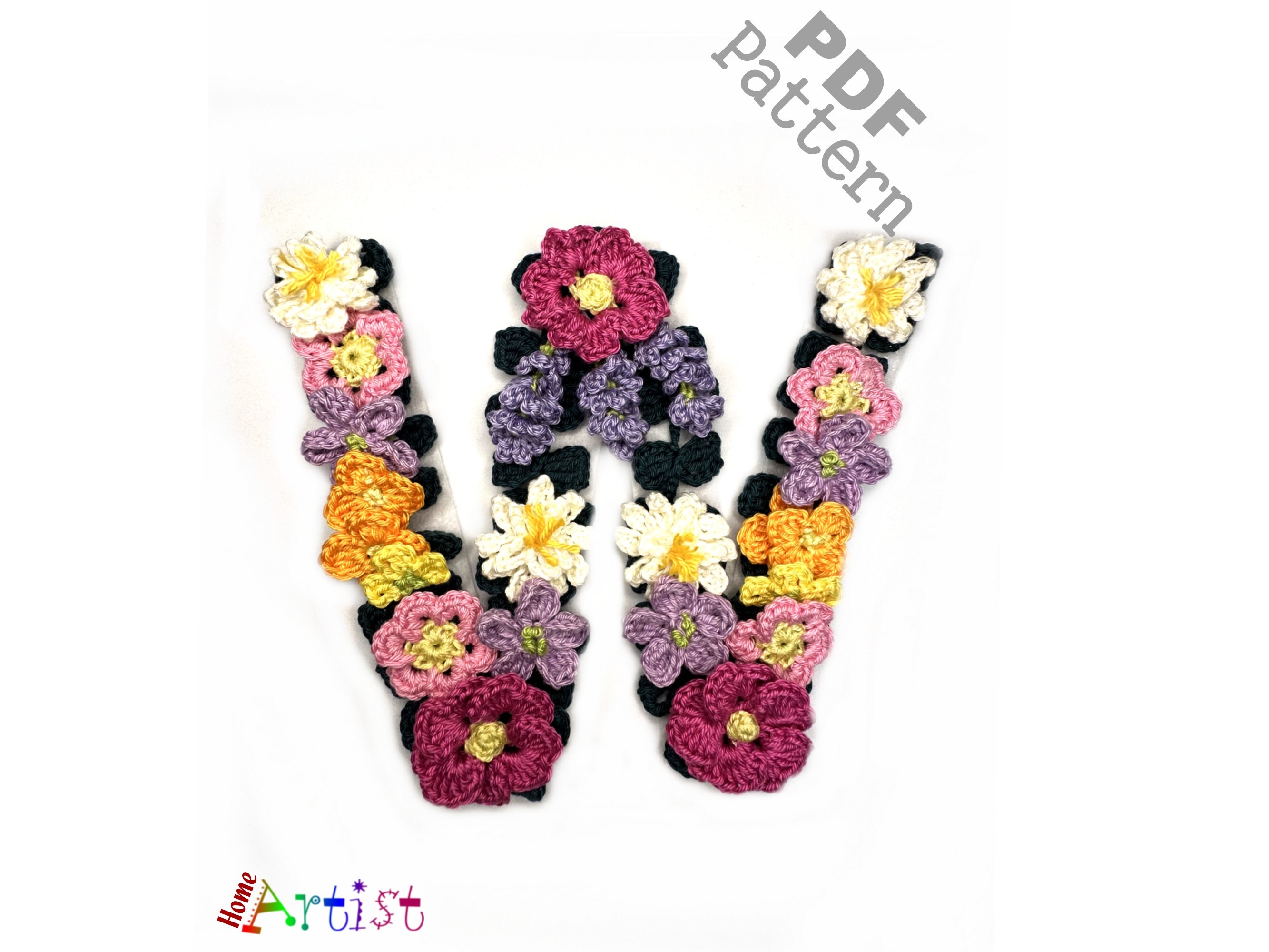 Floral Letter W Crochet Applique Pattern