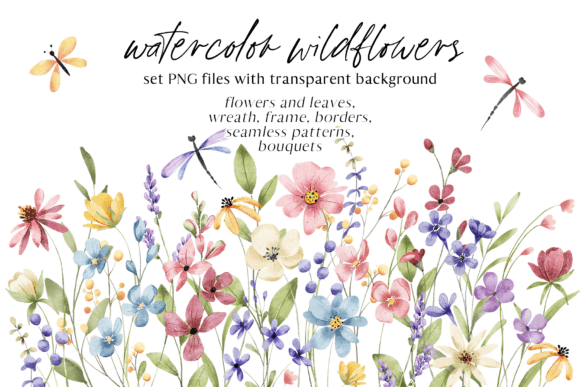 Watercolor wild Flowers set, PNG files.