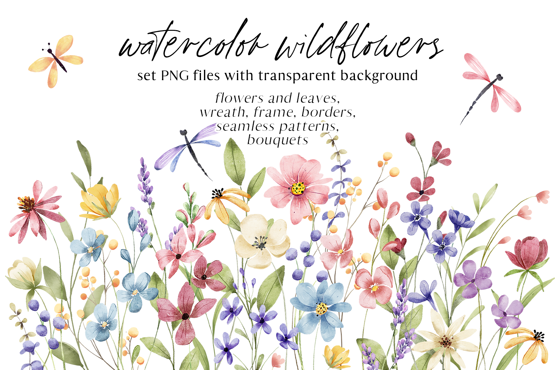 Watercolor wild flowers set, PNG files.