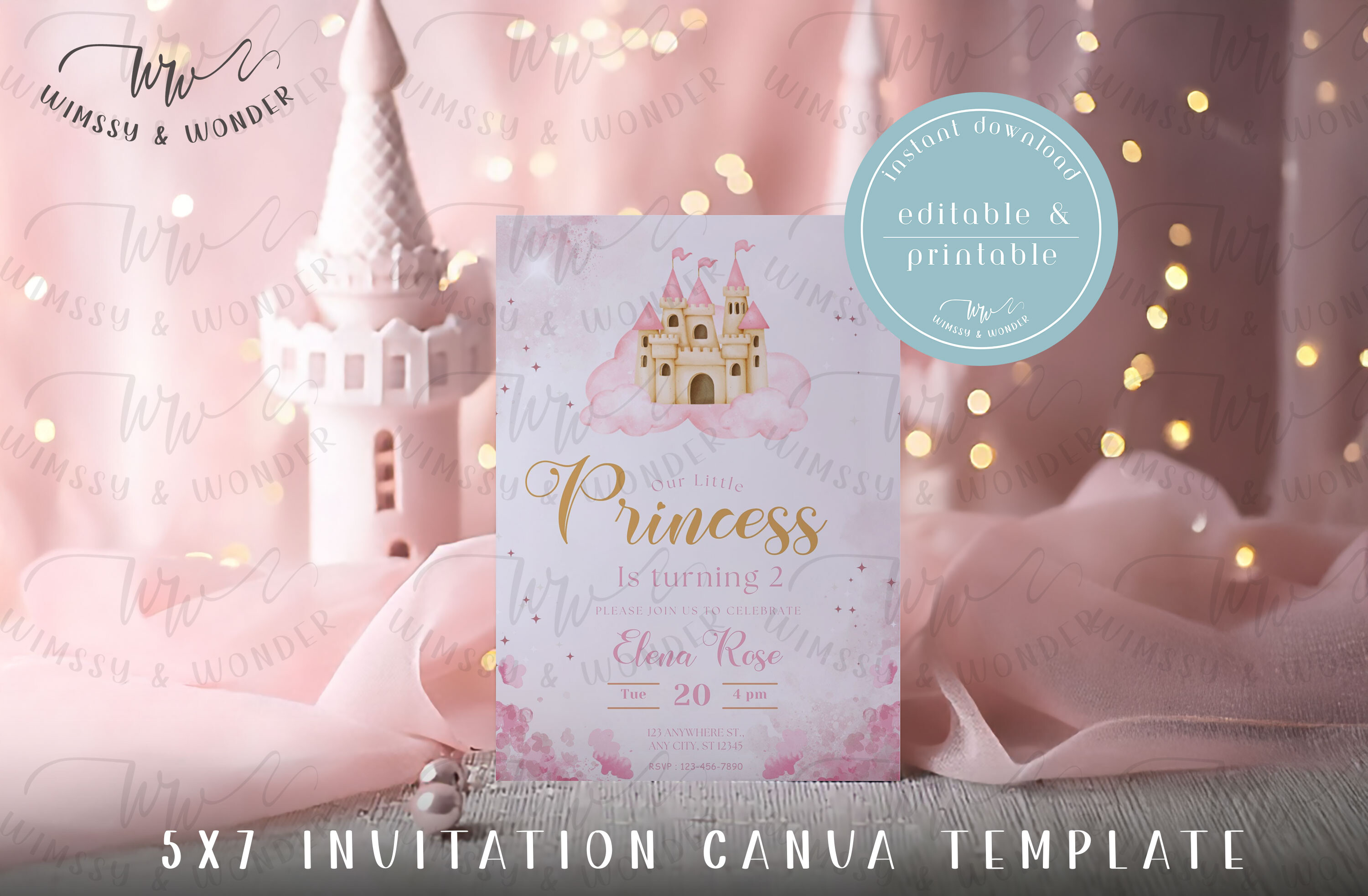 Princess Invite Digital Canva Editable