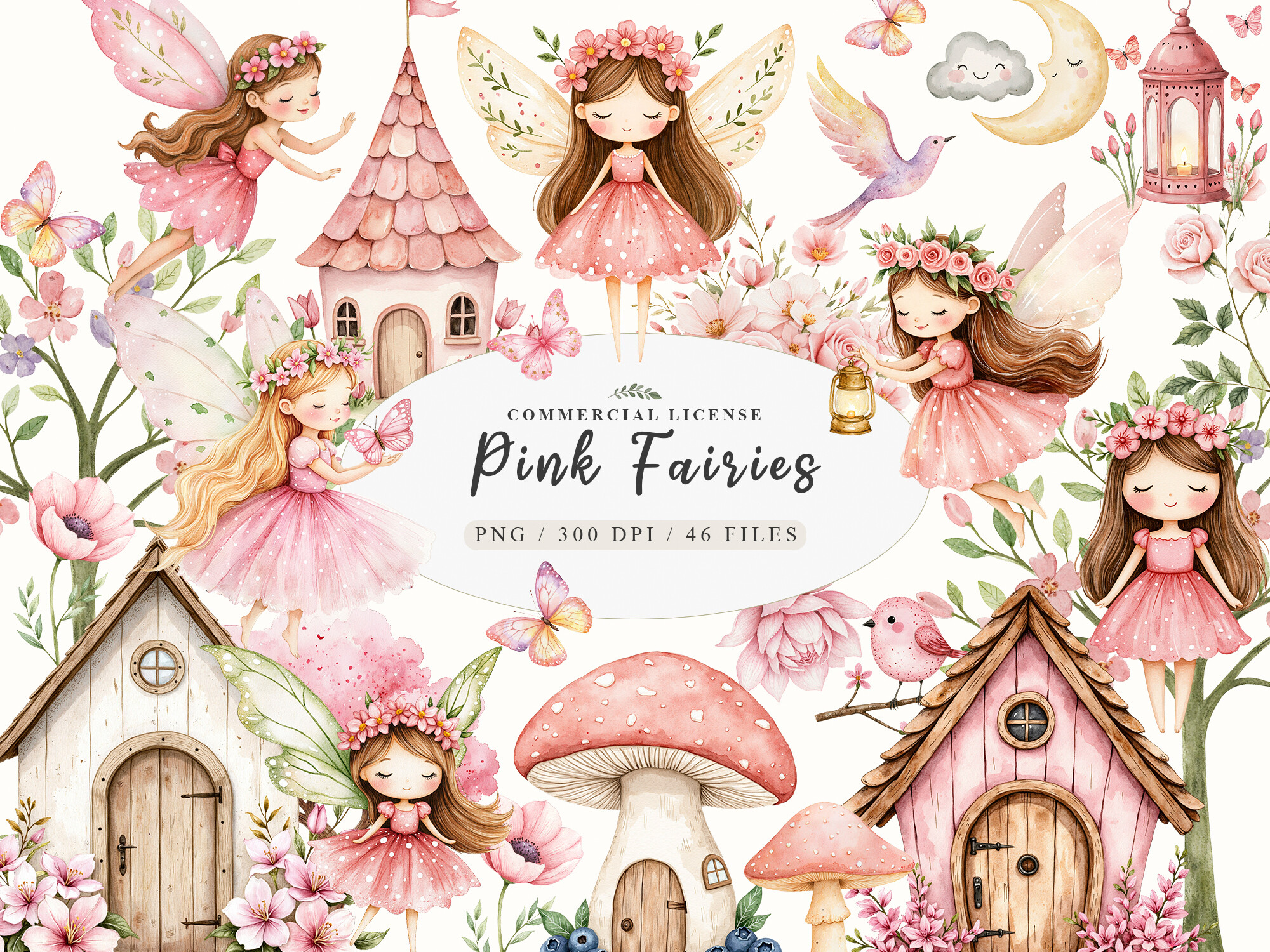 Watercolor Magical Garden Pink Fairies