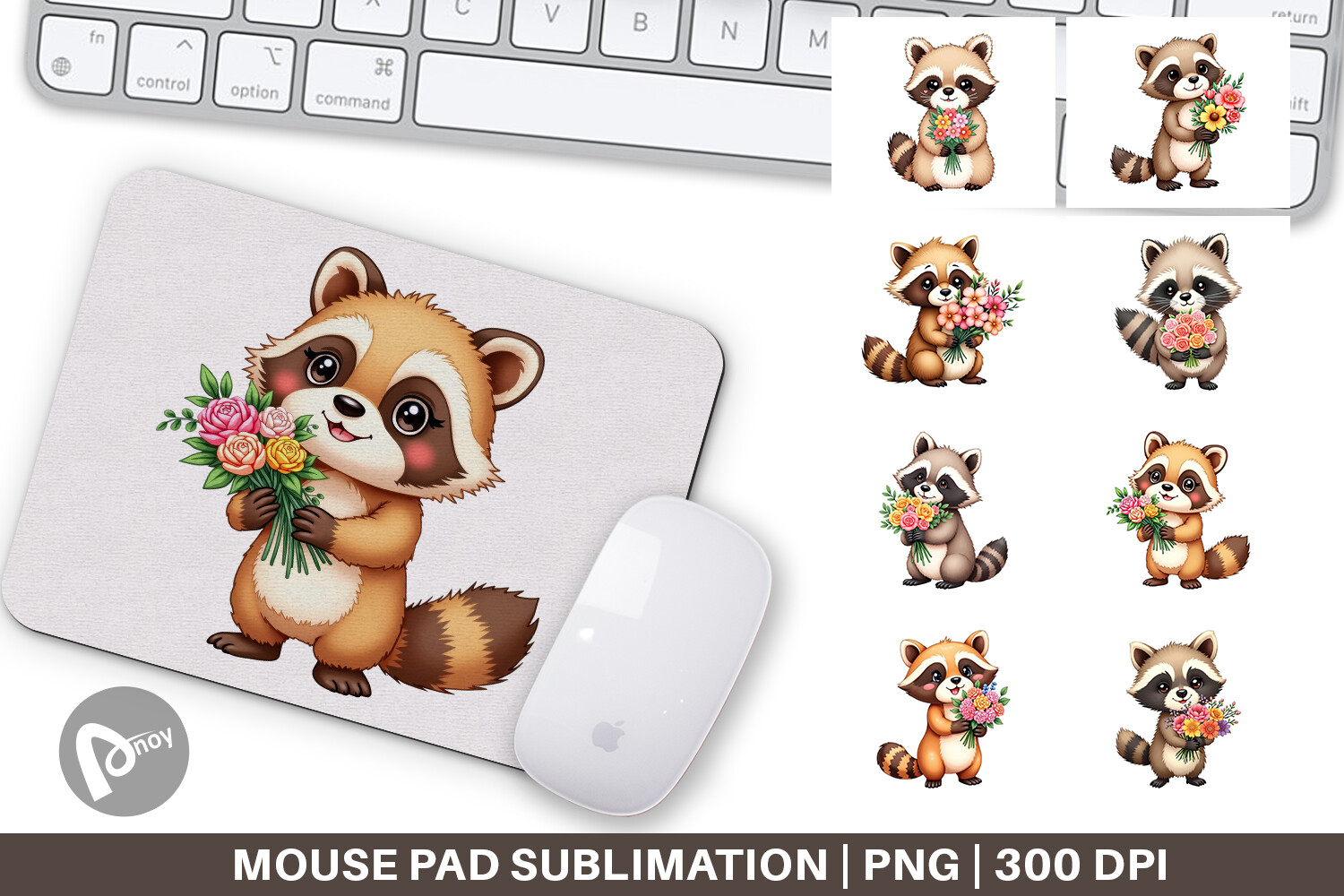 Mouse Pad Raccoon Spring Bouquet Graphic by Artnoy · Creative Fabrica