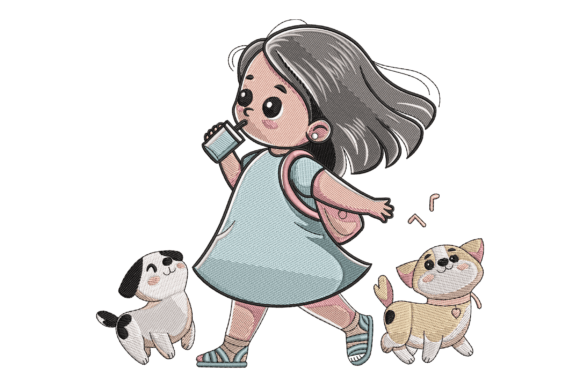 Cute Girl Walking with Dogs
