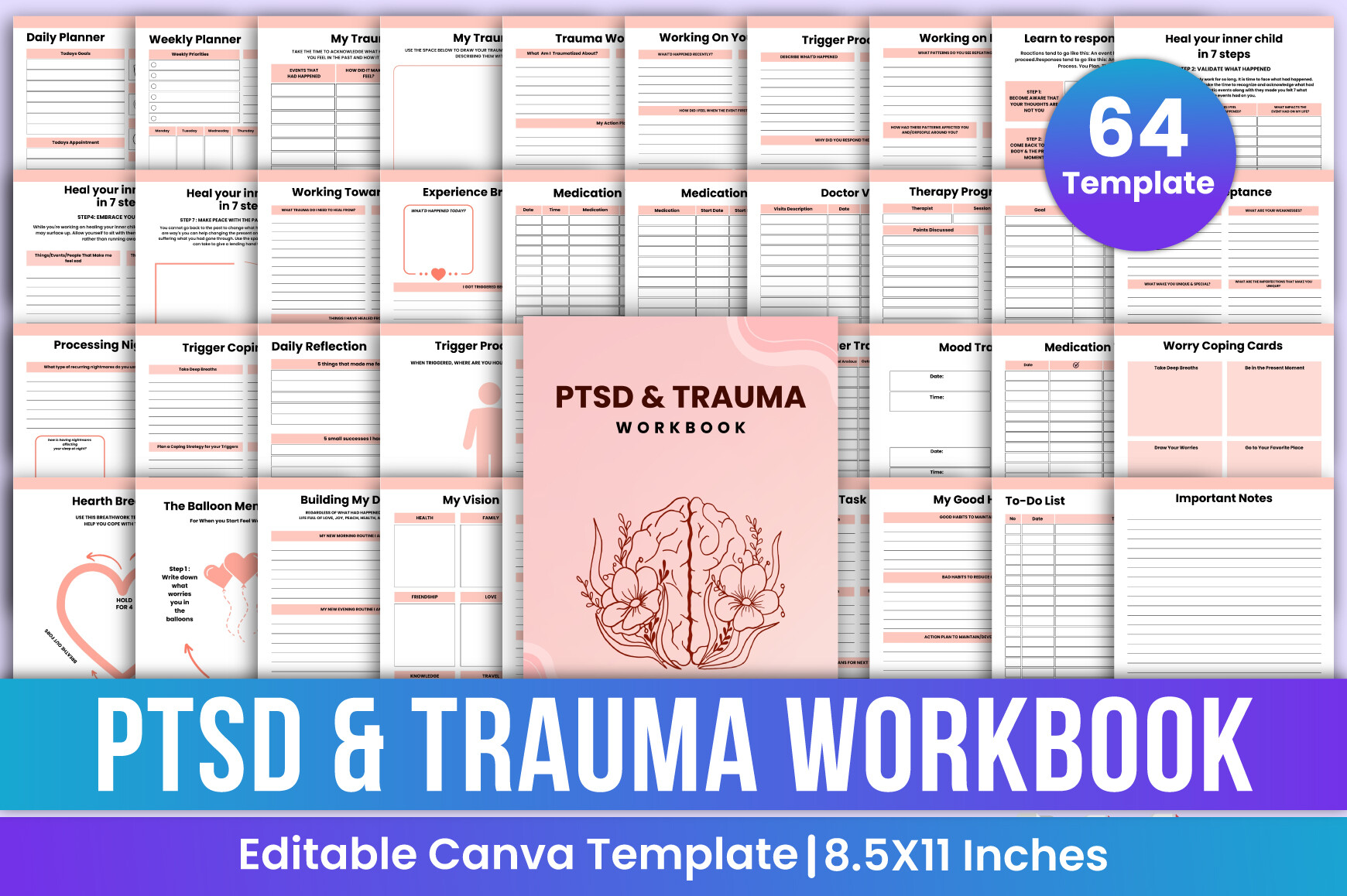 PTSD & Trauma Workbook Bundle Canva
