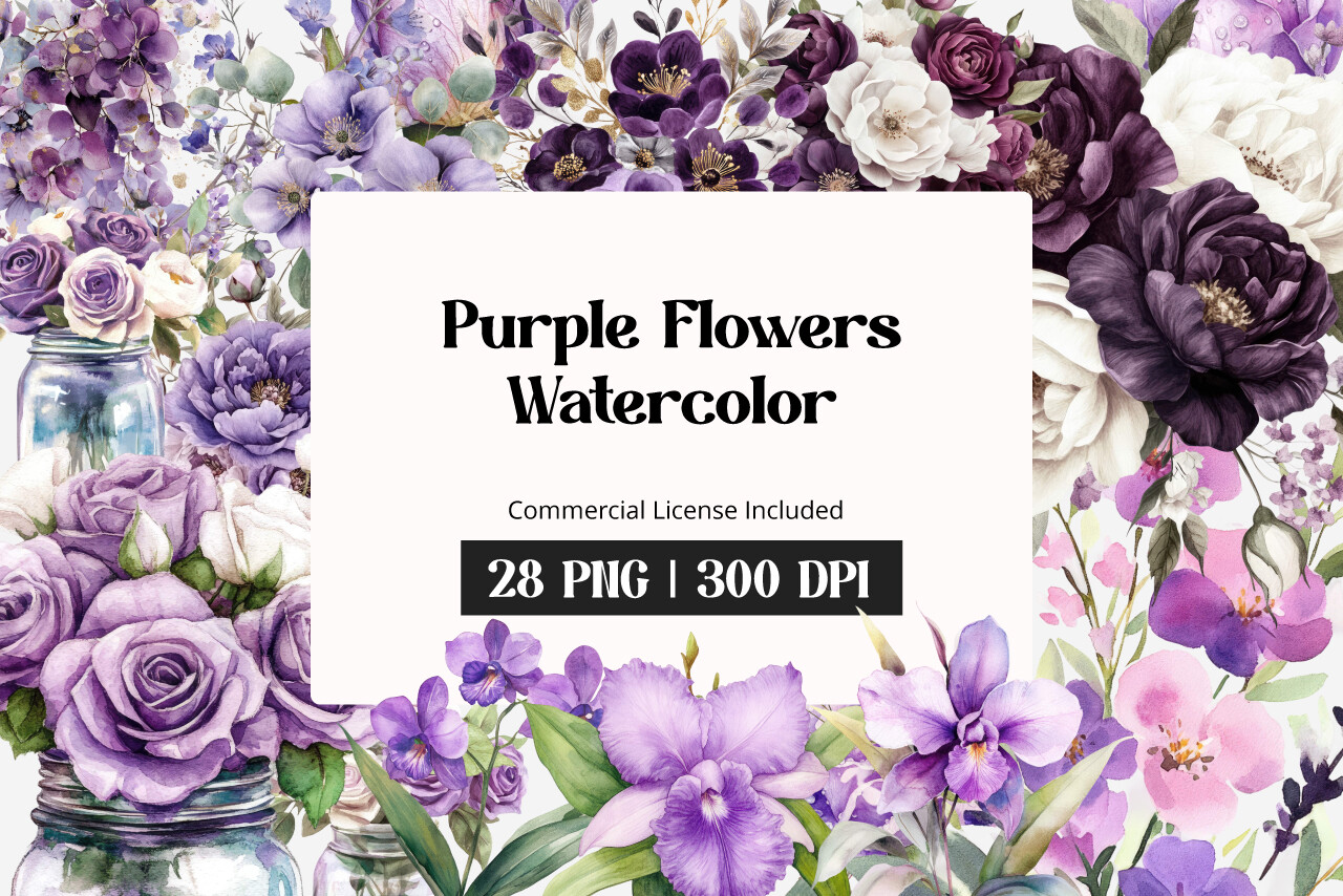 Purple Flowers Watercolor Clipart Graphic by inpixell.studio · Creative ...