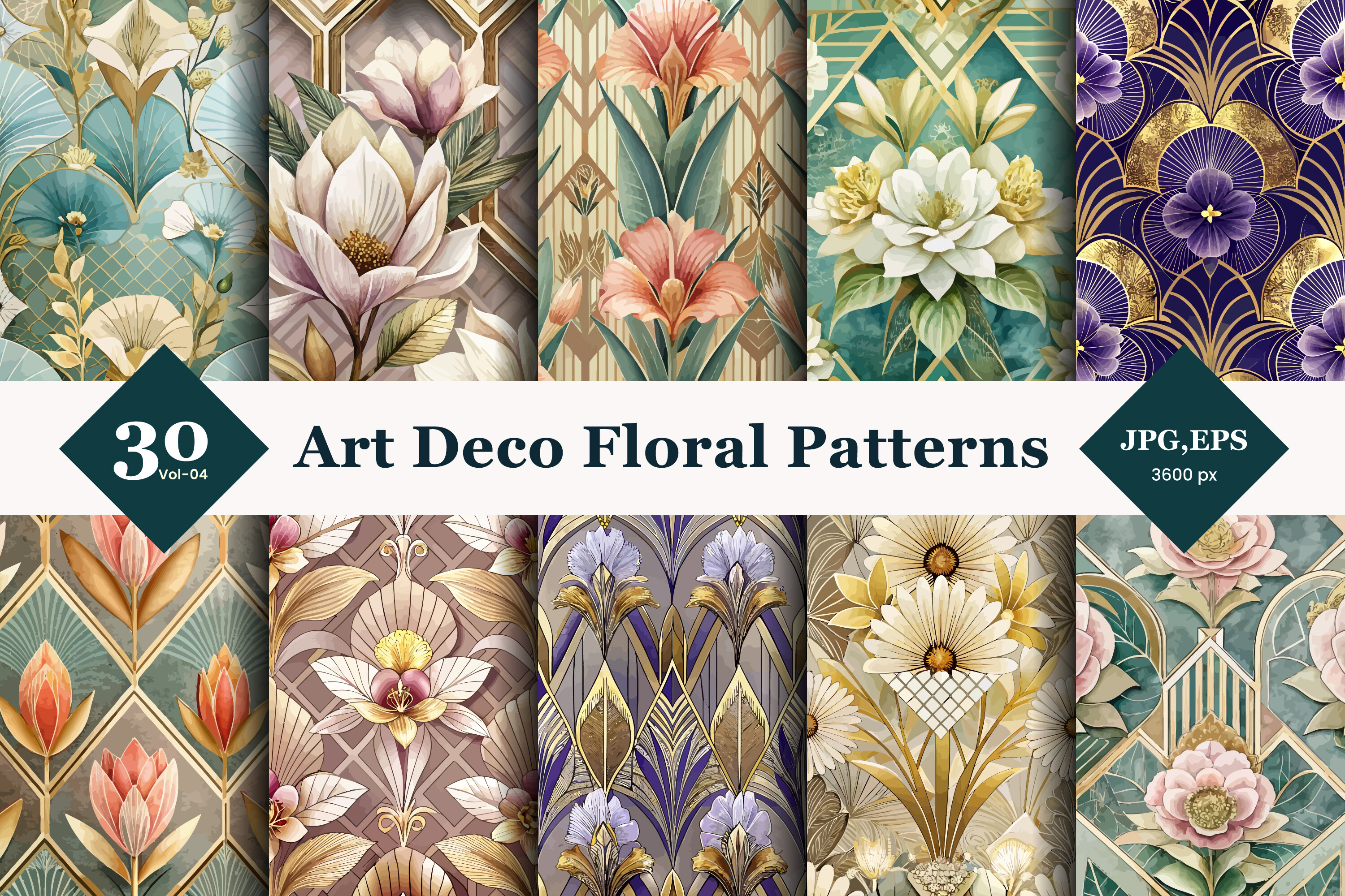 Art Deco Floral Seamless Patterns 04 Graphic by TriDraw · Creative Fabrica
