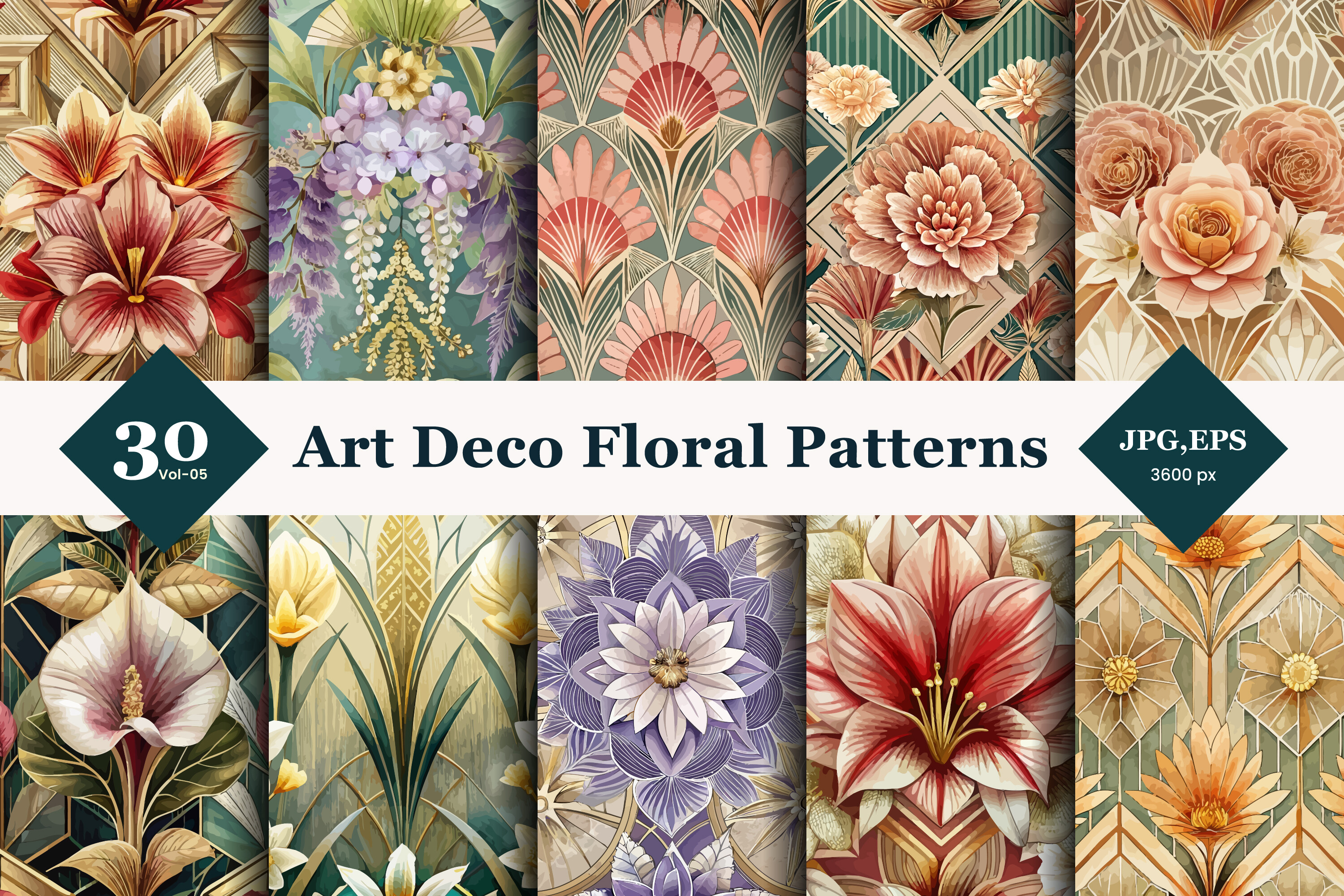 Art Deco Floral Seamless Patterns 05 Graphic by TriDraw · Creative Fabrica