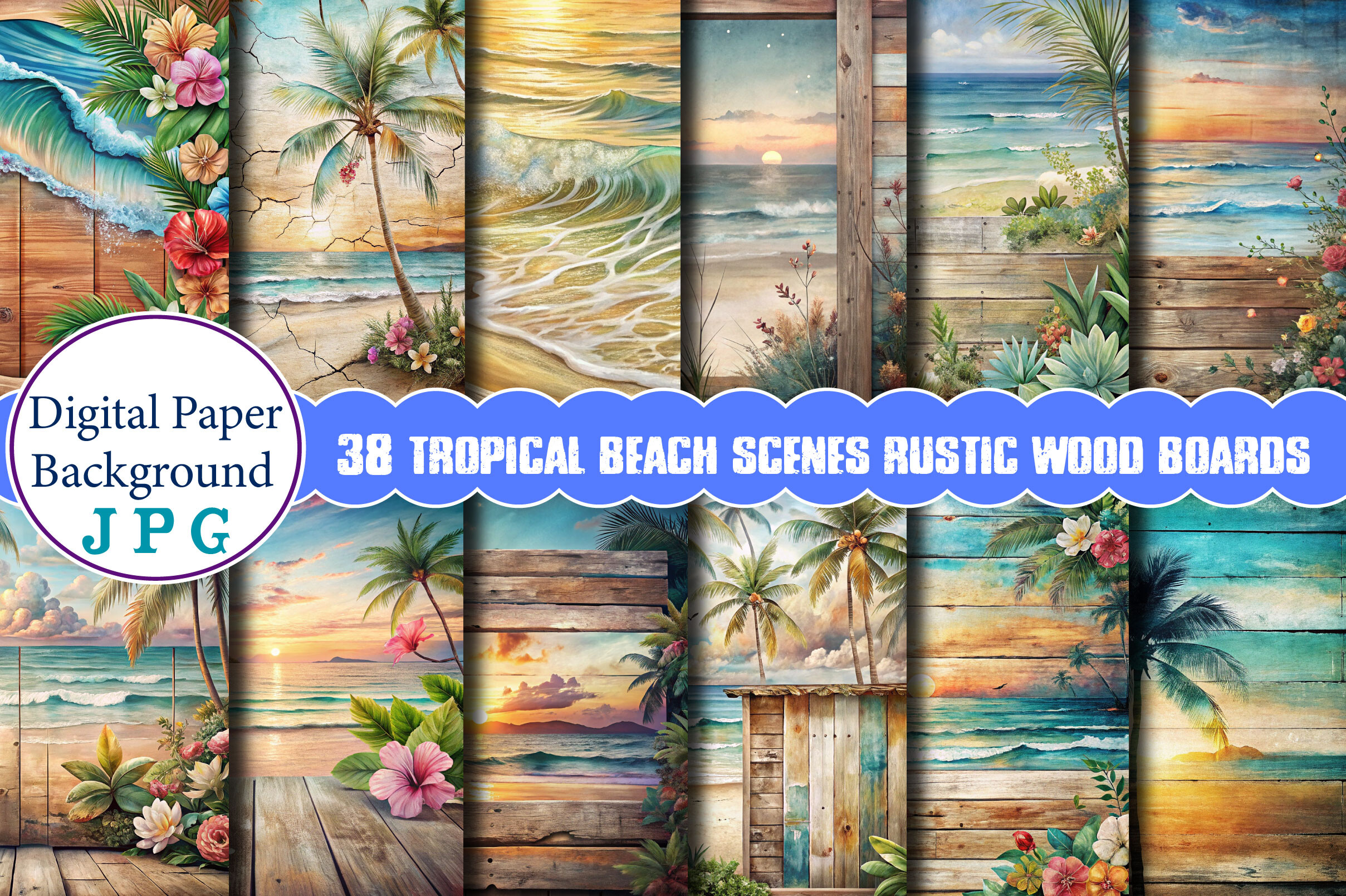 Tropical Beach Scenes Rustic Wood Boards Graphic by Vintage · Creative ...