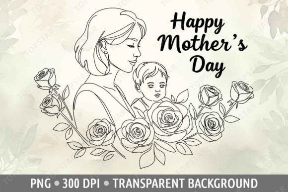 Mom with Little Boy Roses One Line Art
