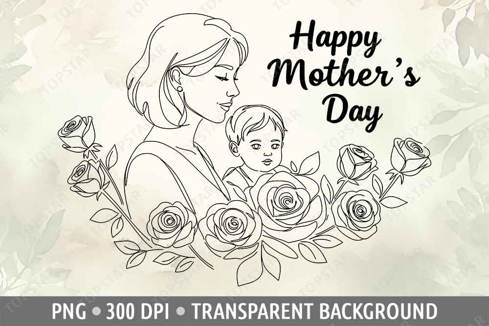 Mom with Little Boy Roses One Line Art