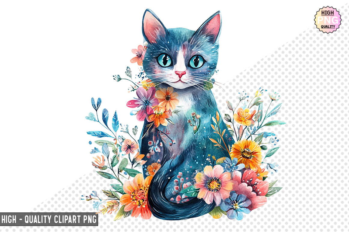 Cute Cat with Flowers PNG Illustration Graphic by SVG Print design ...