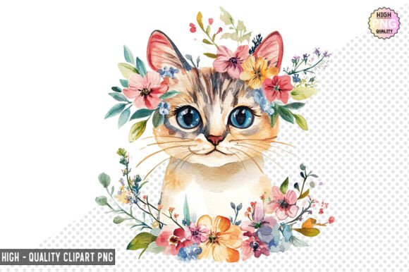 Cute Cat with Flowers PNG Illustration Graphic by SVG Print design ...