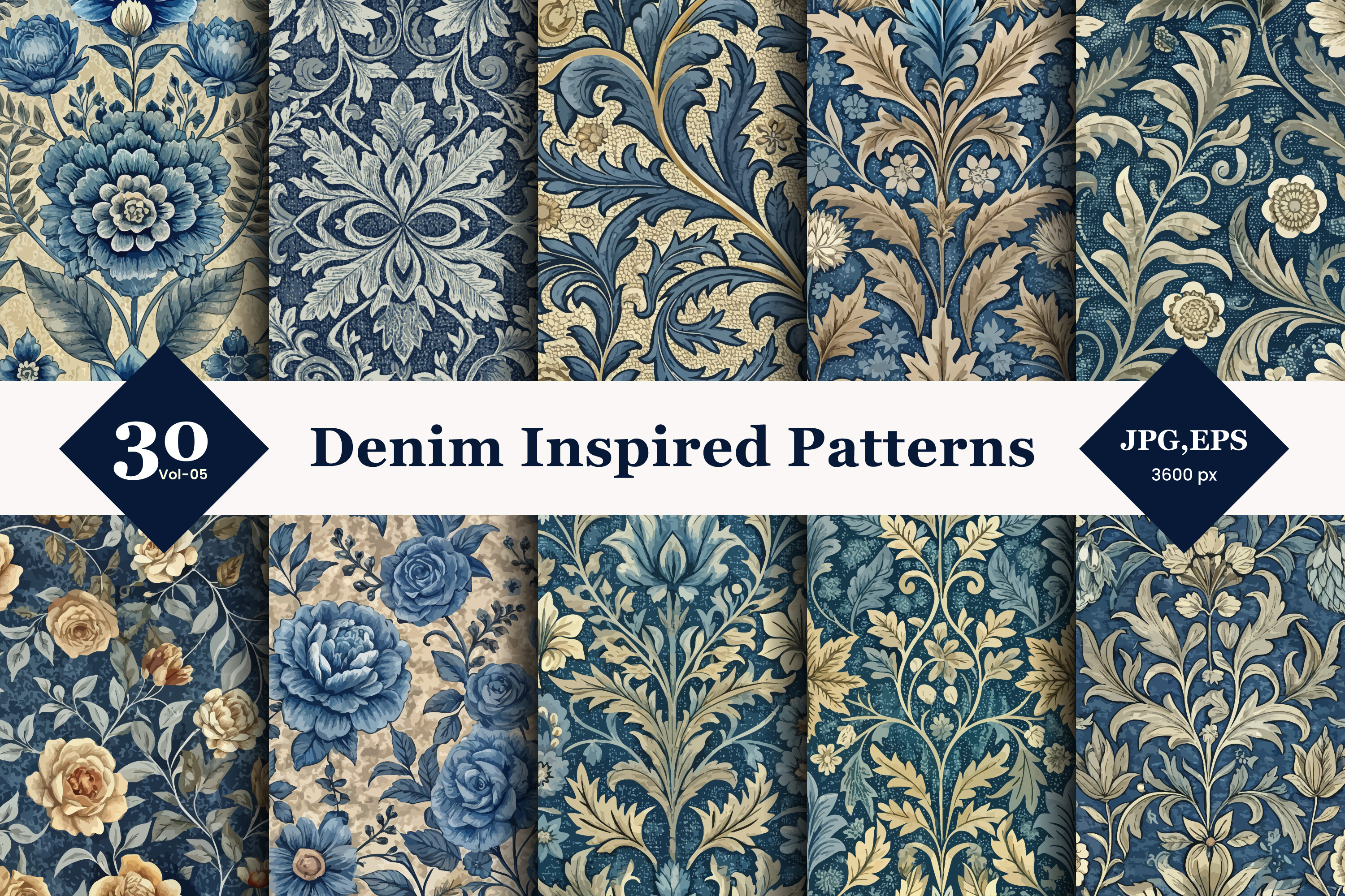 Denim Inspired Floral Seamless Patterns 05 Graphic by TriDraw ...