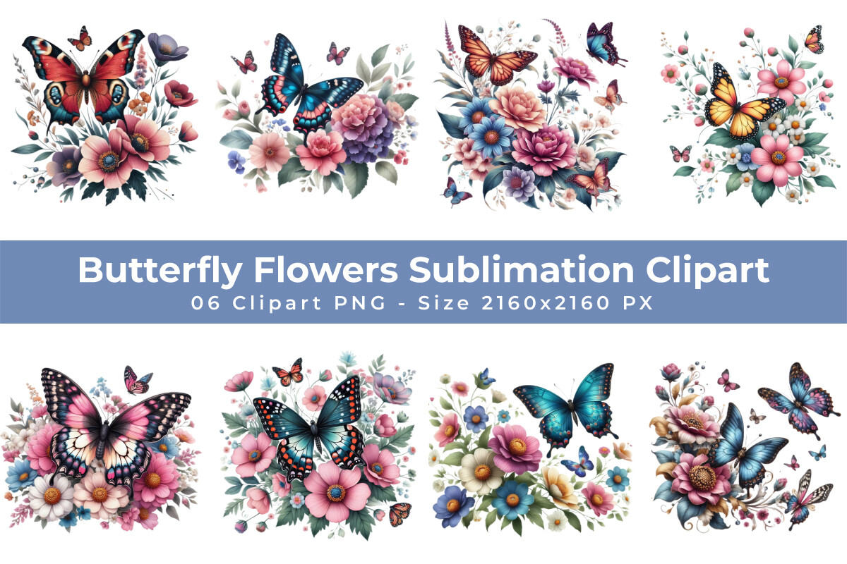 Butterfly Flowers Sublimation Clipart Graphic by sagorarts · Creative ...
