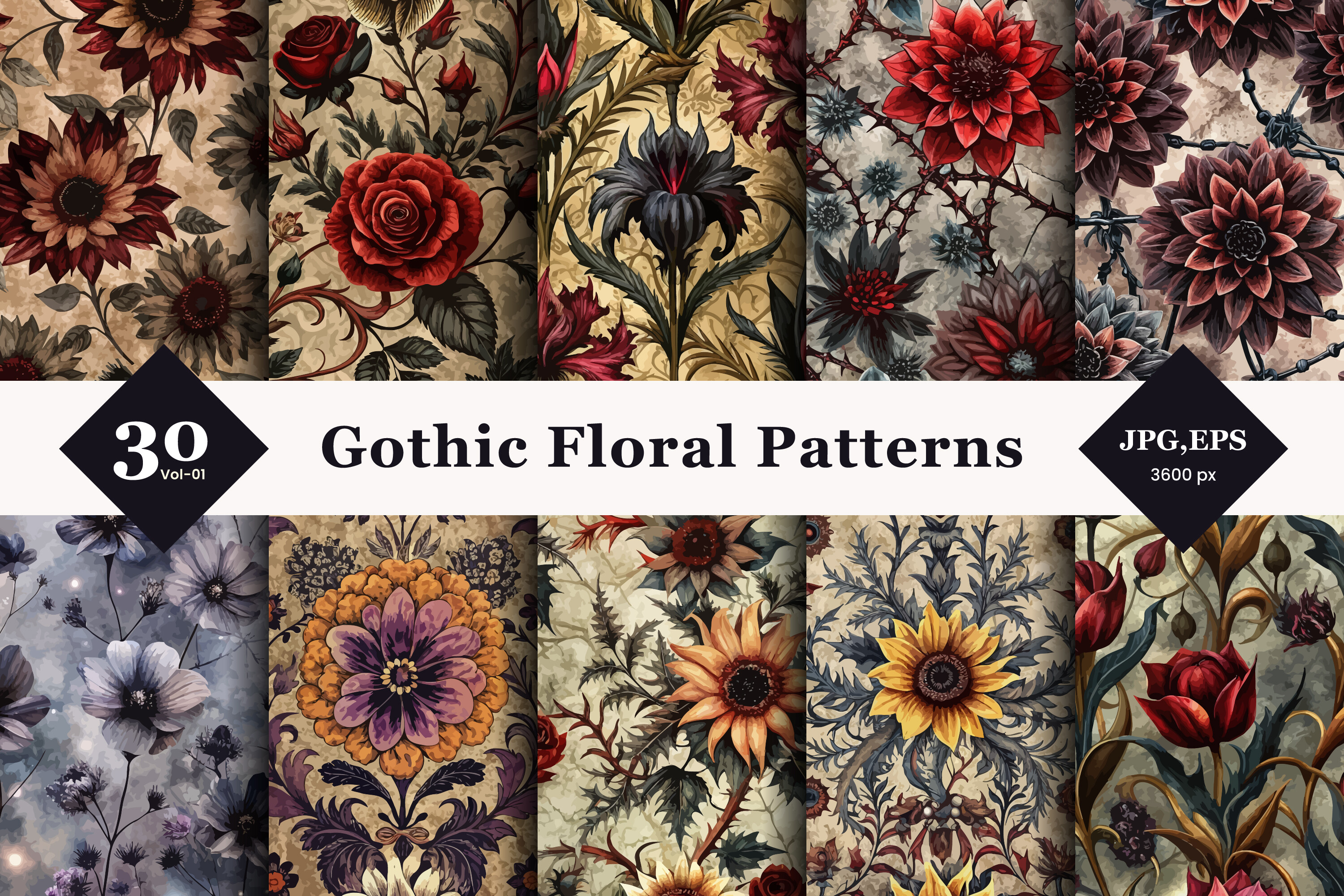 Gothic Floral Seamless Patterns 01 Graphic by TriDraw · Creative Fabrica