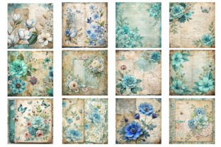 Teal Flowers Junk Journal Digital Papers Graphic by Designstock ...