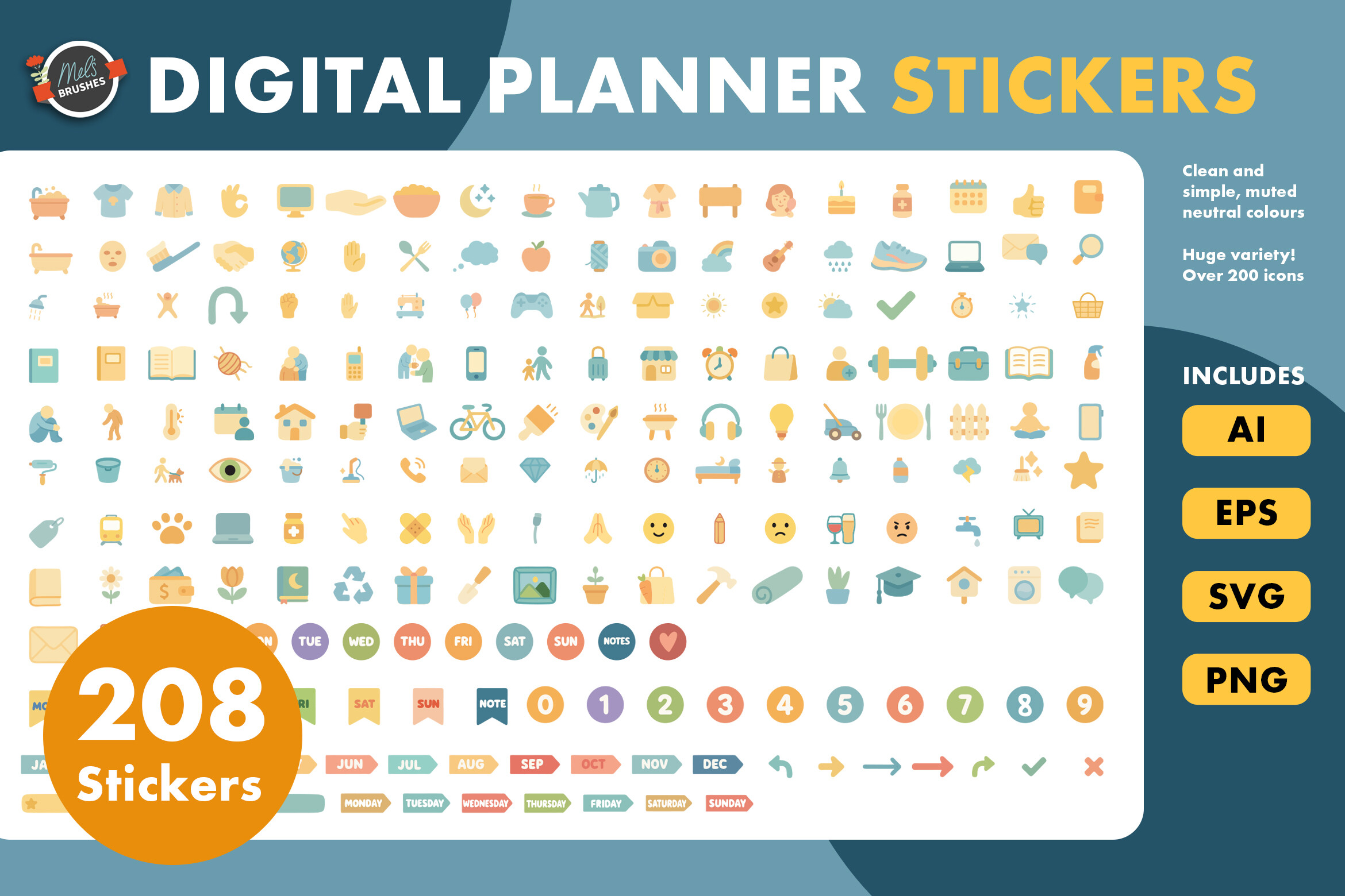 208 Cute Digital Planner Sticker Bundle Graphic by MelsBrushes ...
