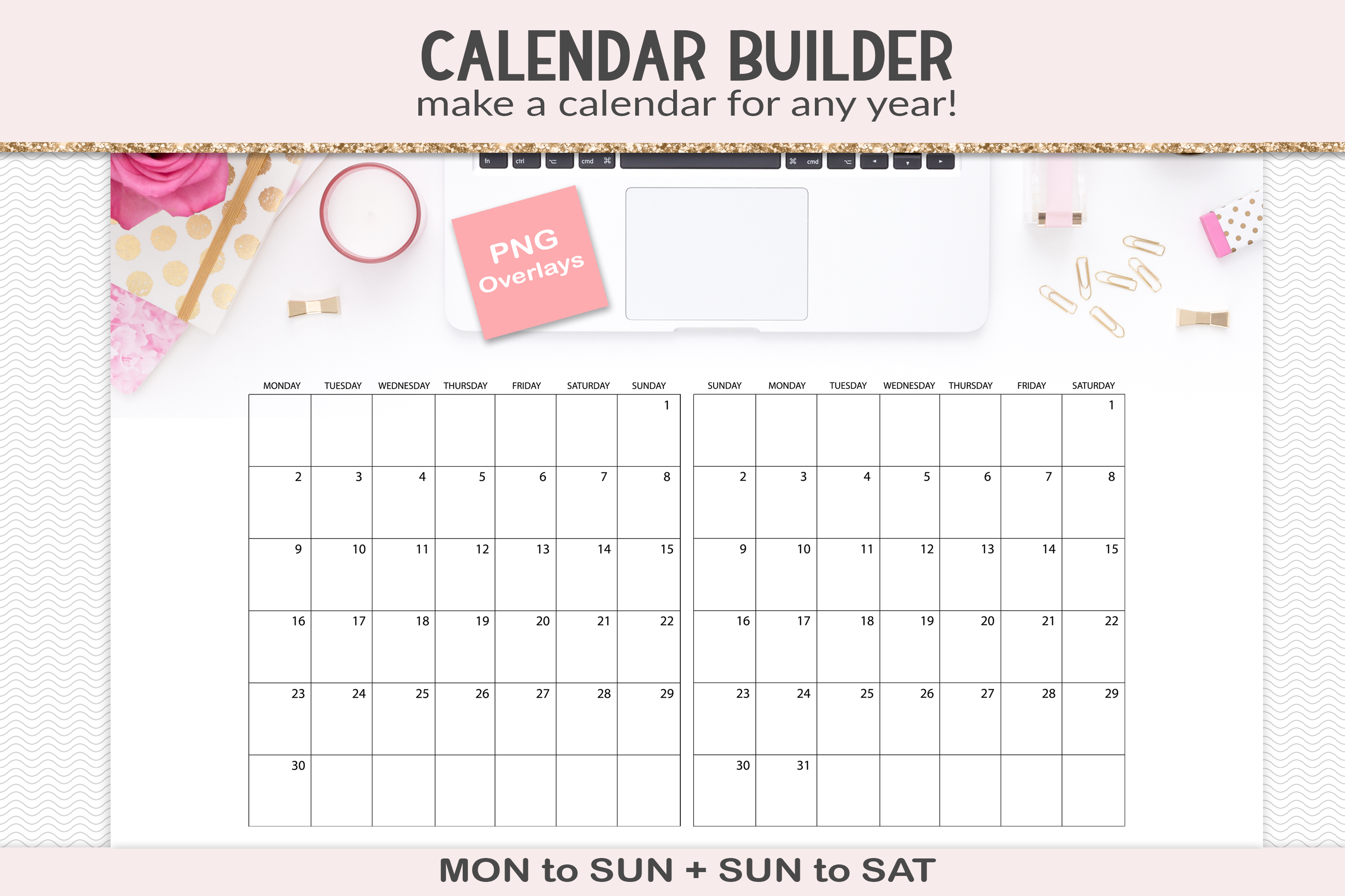 Any Year Calendar Builder Page, PNG