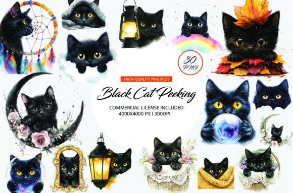 Black Cat Peeking Clipart Graphic Illustrations By Venture Studio