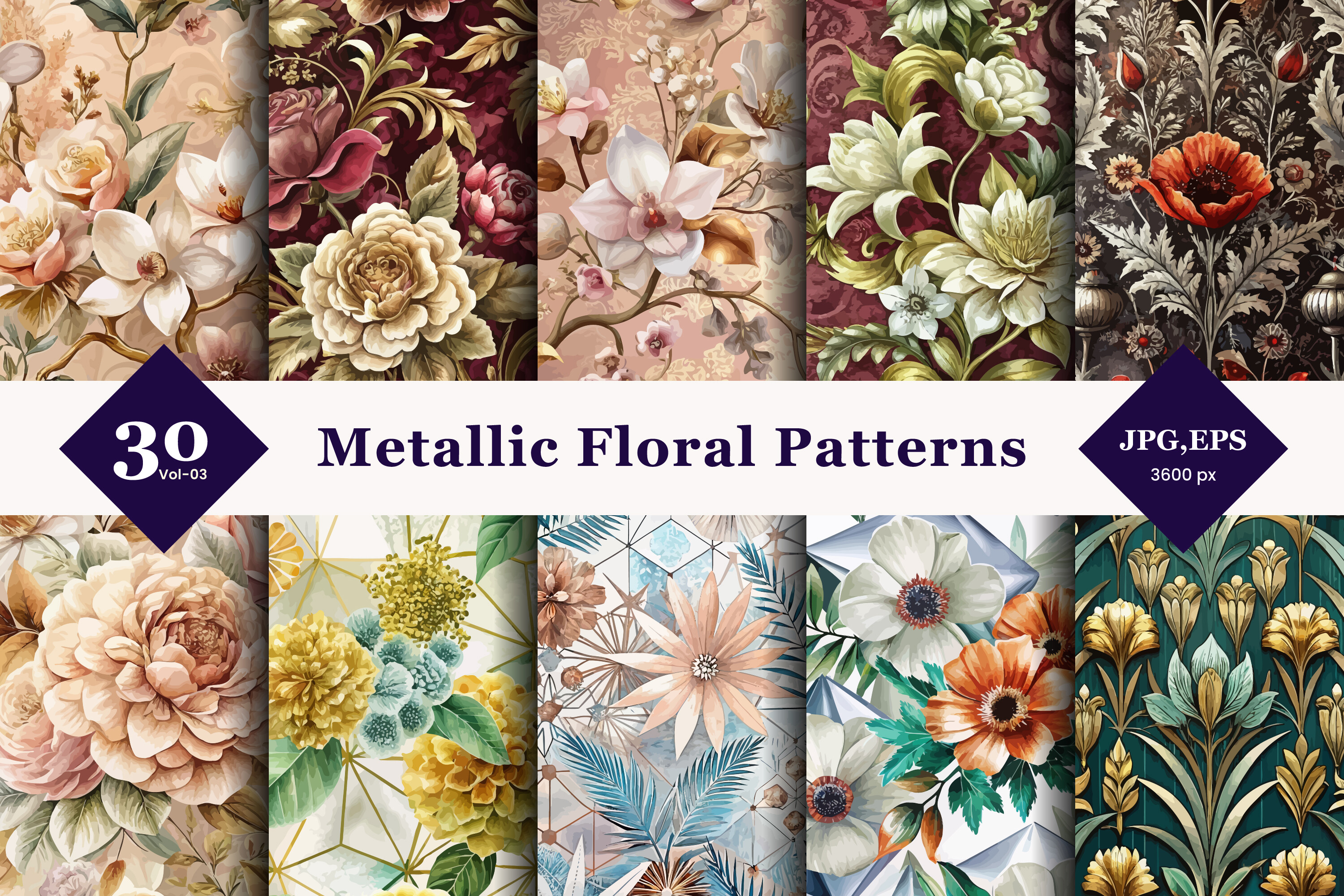 Metallic Floral Seamless Patterns 03 Graphic by TriDraw · Creative Fabrica