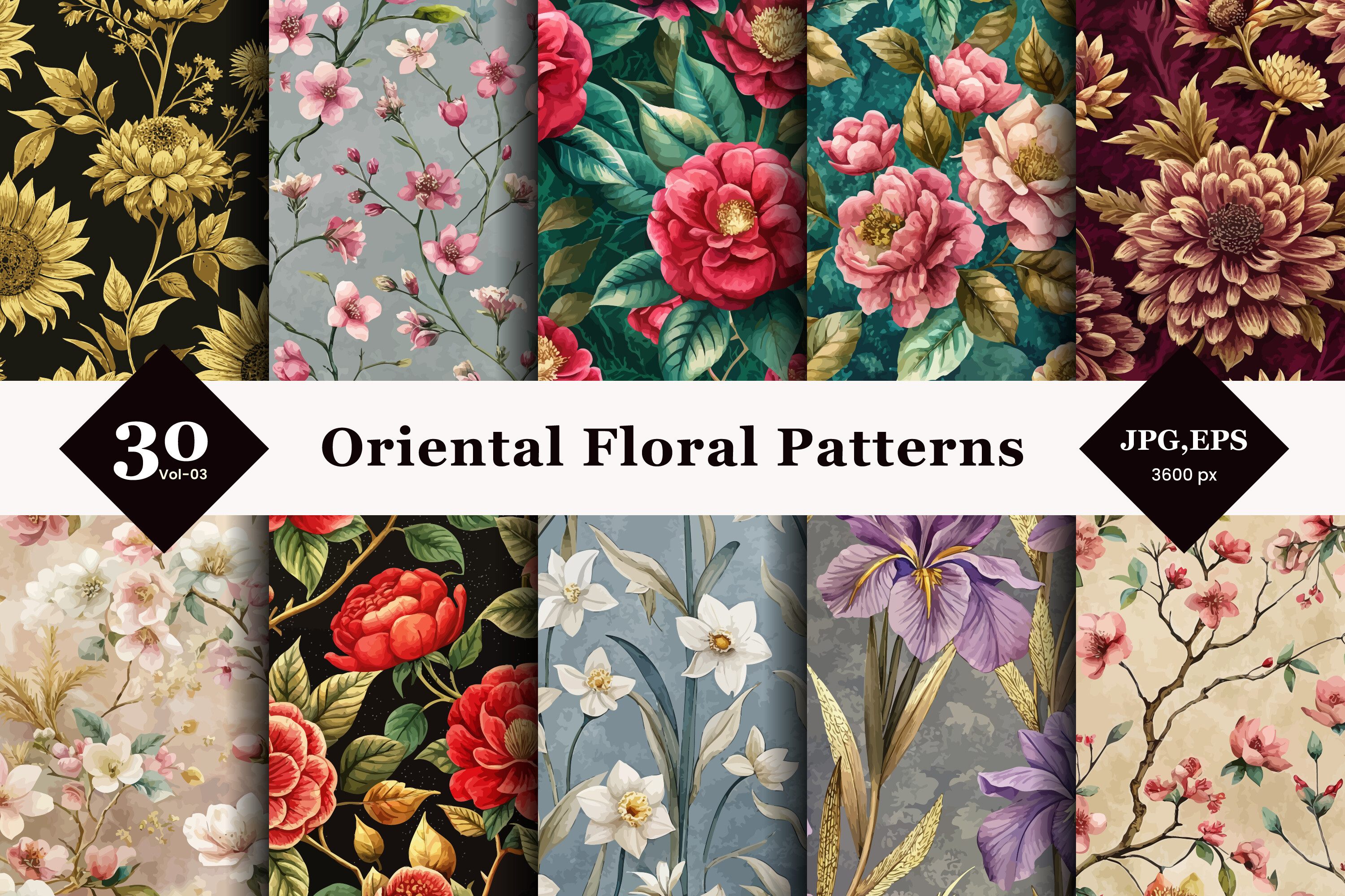 Oriental Floral Seamless Patterns 03 Graphic by TriDraw · Creative Fabrica