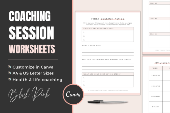 Coaching Worksheet Canva Templates with client and coach session forms