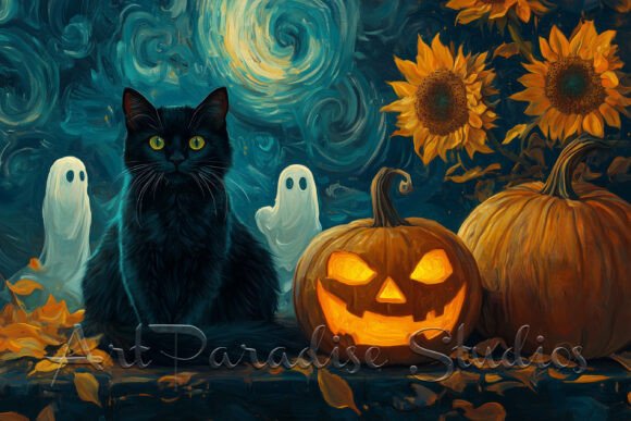 Halloween Cat and Pumpkin Night Art
