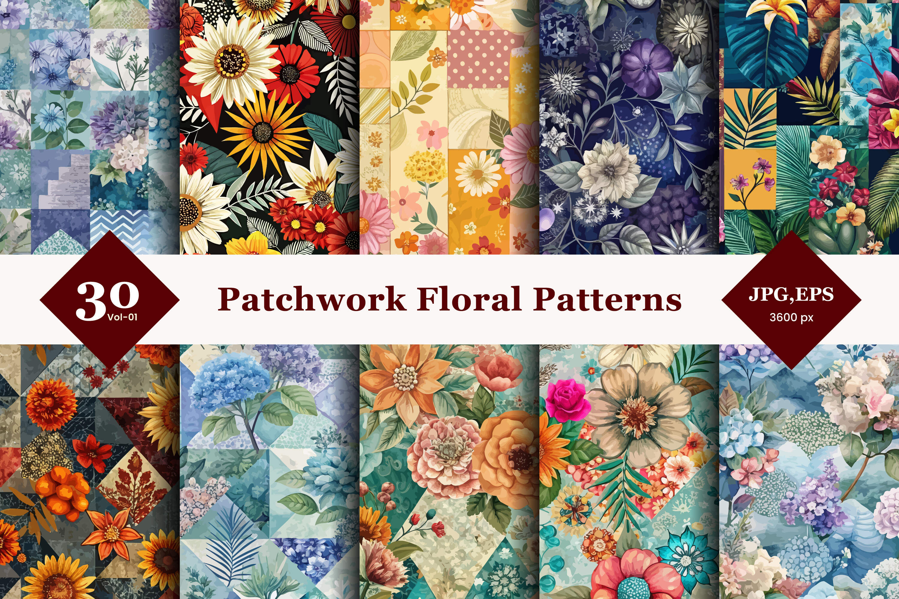 Patchwork Floral Seamless Patterns 01 Graphic by TriDraw · Creative Fabrica