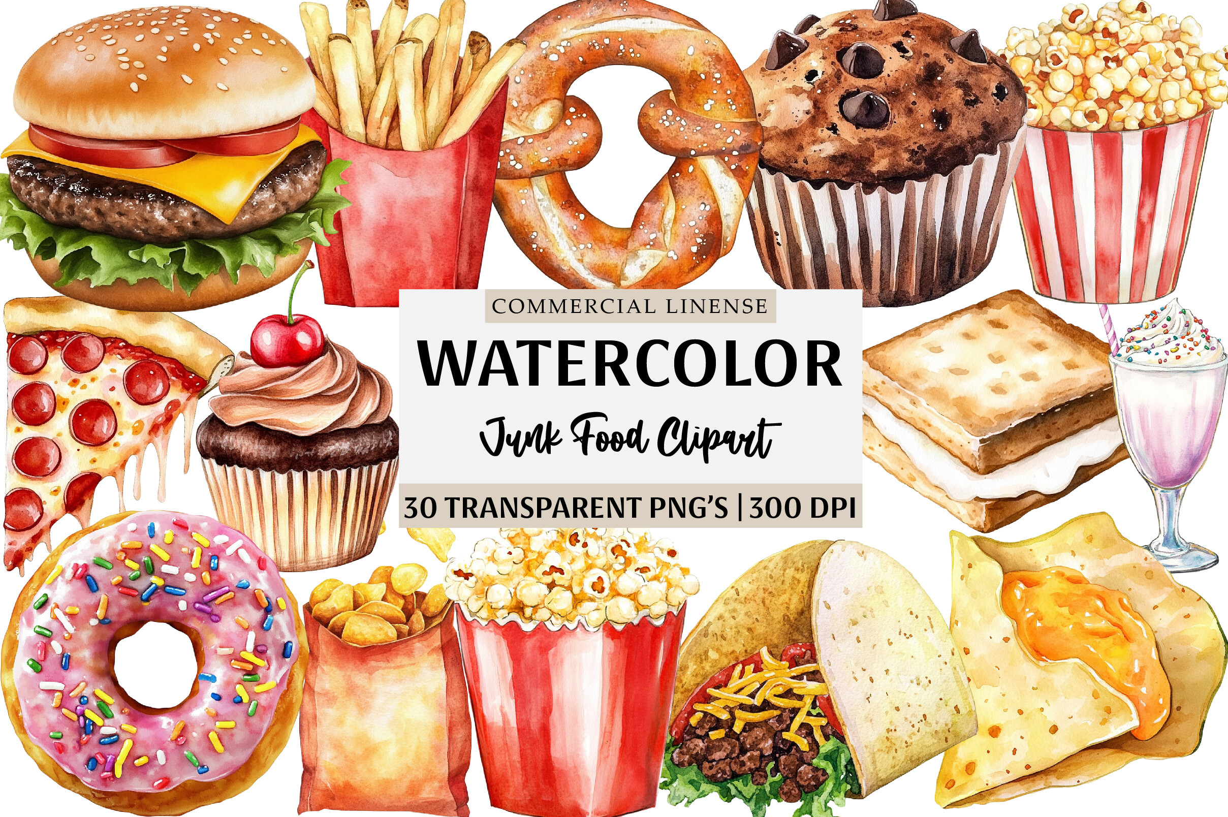 Watercolor Junk Food Clipart Bundle Graphic by Creative Mint · Creative ...