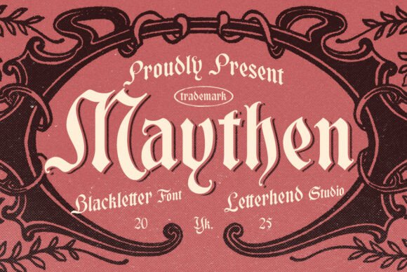 Preview specimen of Maythen blackletter font