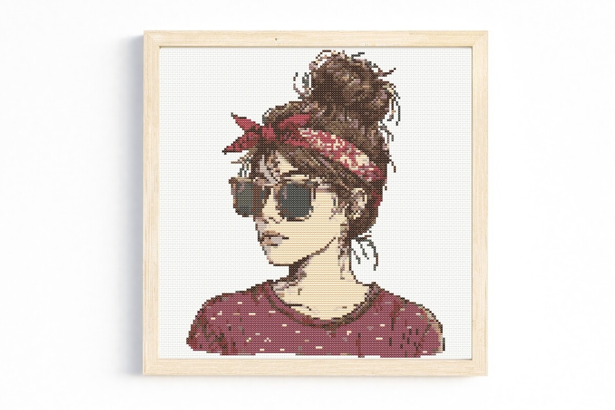 Red Messy Bun Cross Stitch Pattern