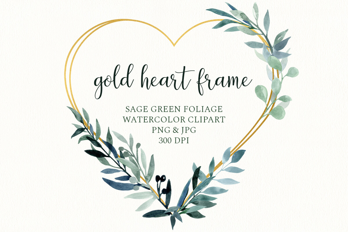Leaves gold heart frame, Greenery wreath