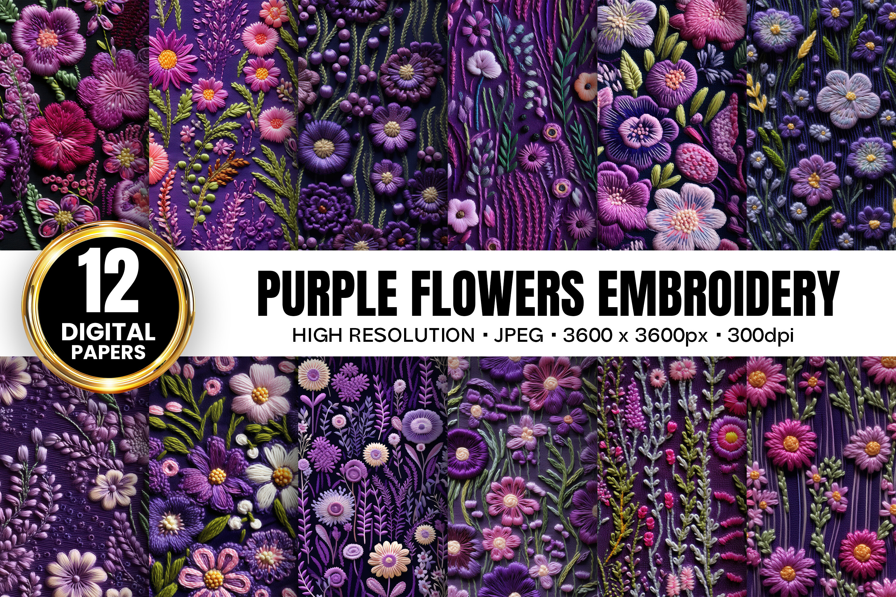 Purple Flowers Embroidery Digital Papers Graphic by Dreamy Cliparts ...