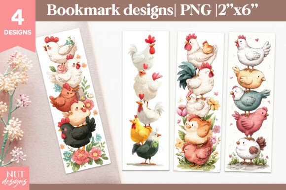 Cartoon Farm Chickens Bookmarks for Kids