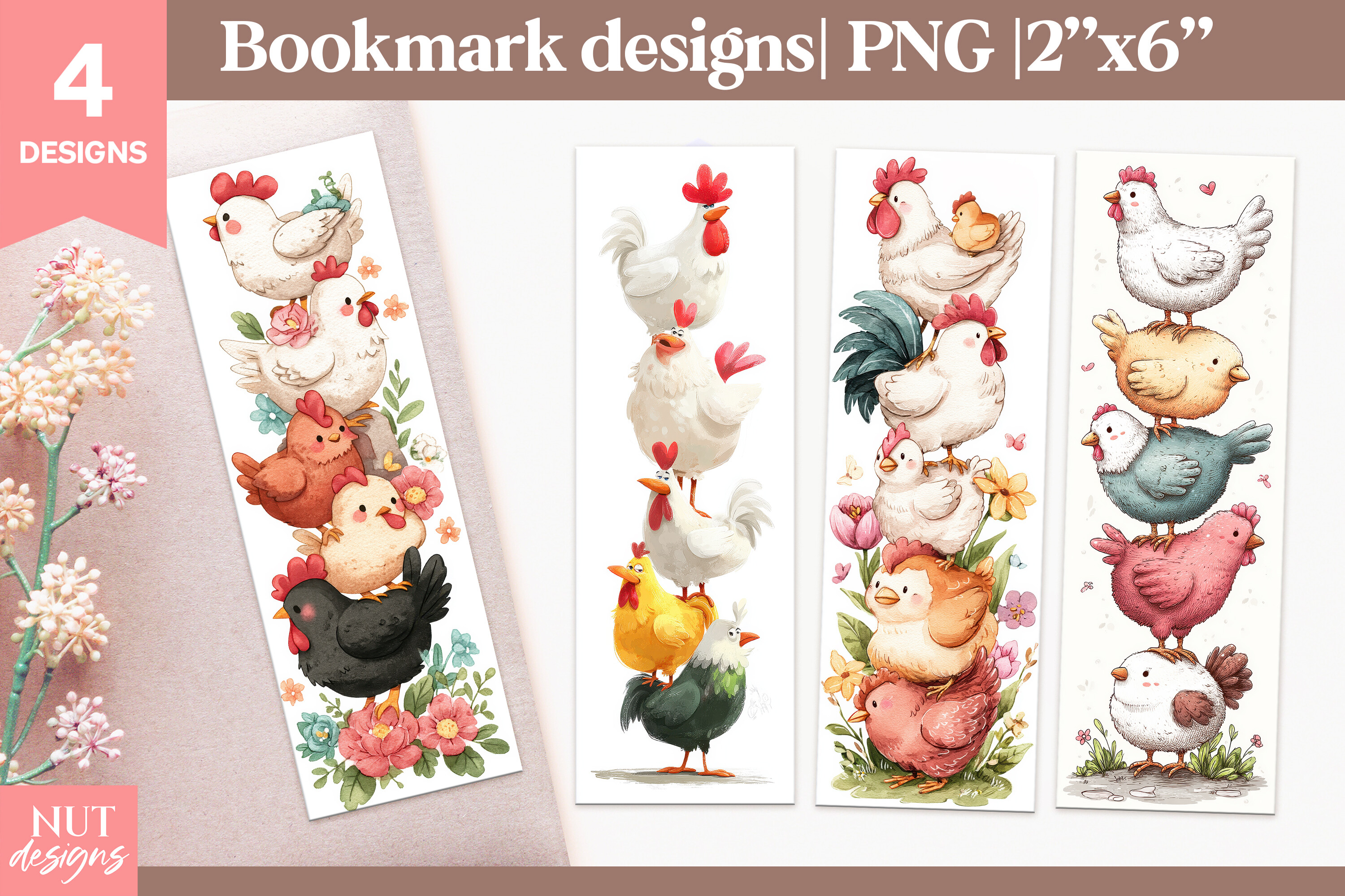 Cartoon Farm Chickens Bookmarks for Kids