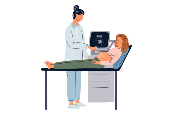 Happy Pregnant Woman in Clinic. Girl at Graphic Illustrations By vectorbum