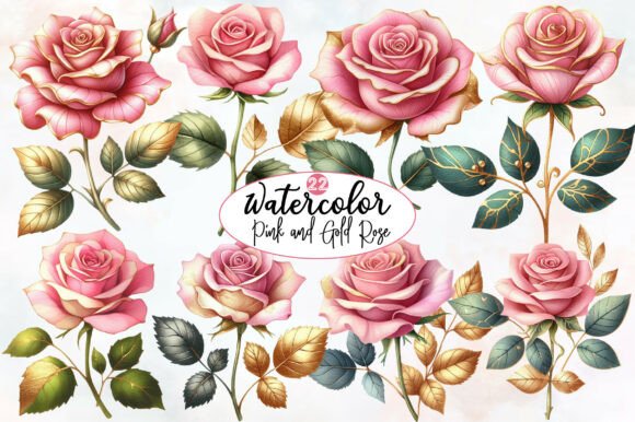 Watercolor Pink and Gold Rose Clipart Graphic by Designworld · Creative ...