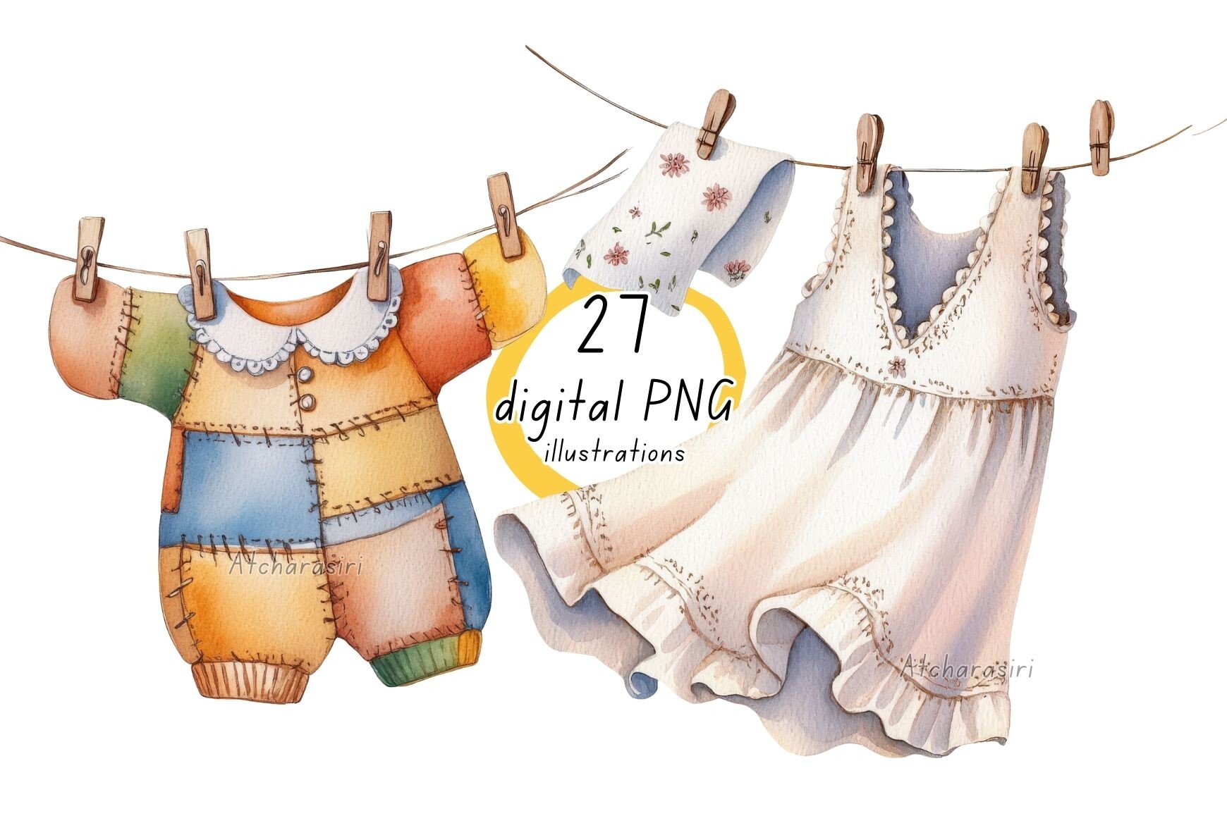 Watercolor Clipart Laundry Clothesline