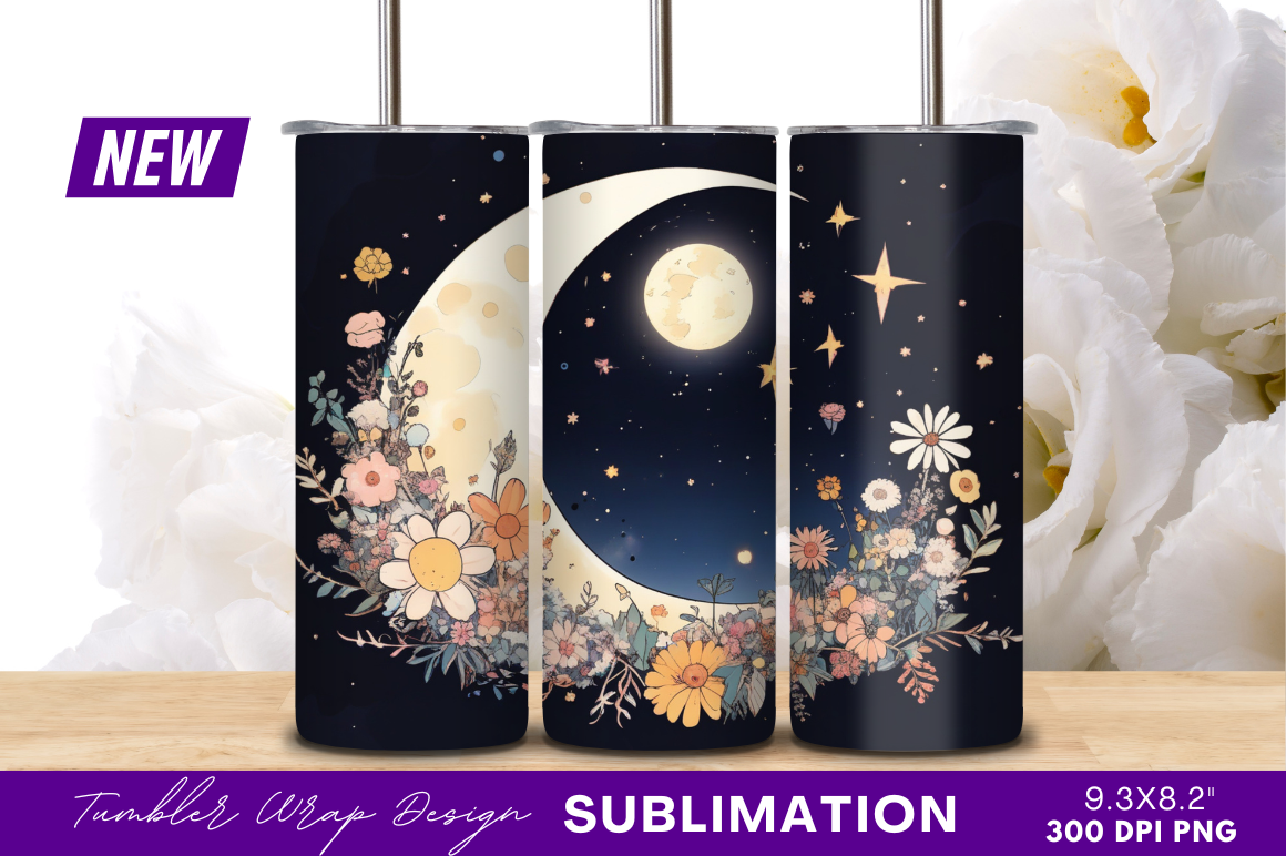 Floral Moon and Stars Dreamy Tumbler Graphic by Regulrcrative ...