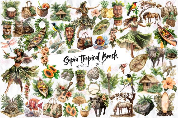 Sepia Tropical Beach Clipart Graphic by Markicha Art · Creative Fabrica