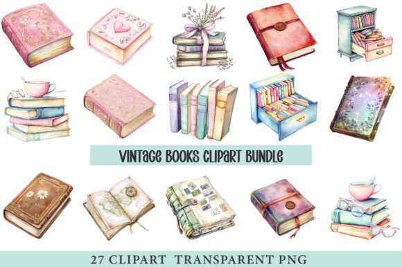 Vintage Books Clipart Bundle Graphic Illustrations By cherrydesign