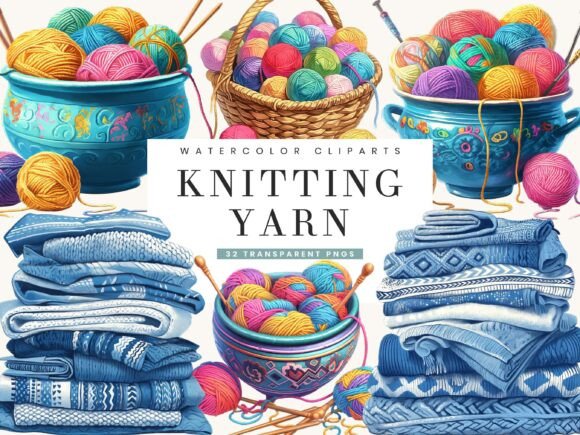 Watercolor Knitting Yarn Clipart Bundle