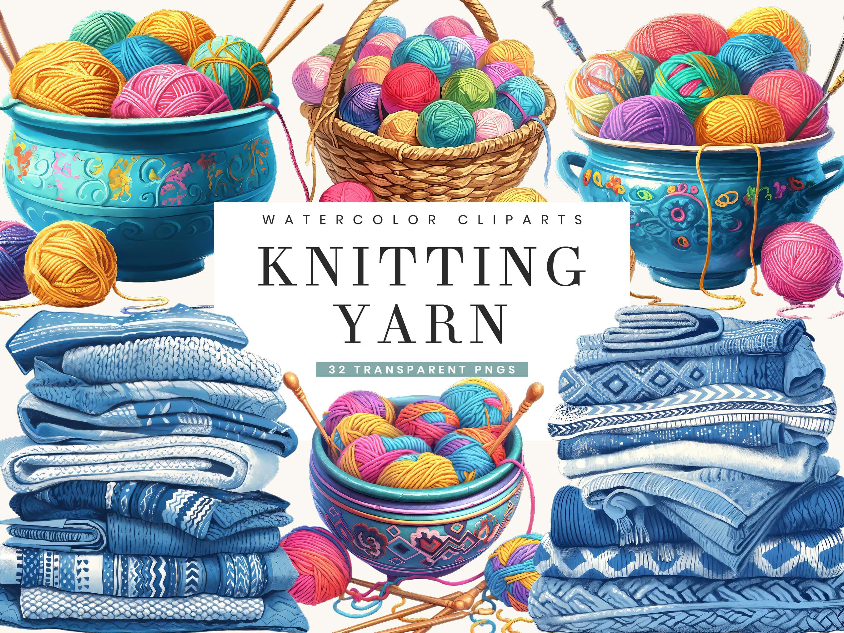 Watercolor Knitting Yarn Clipart Bundle