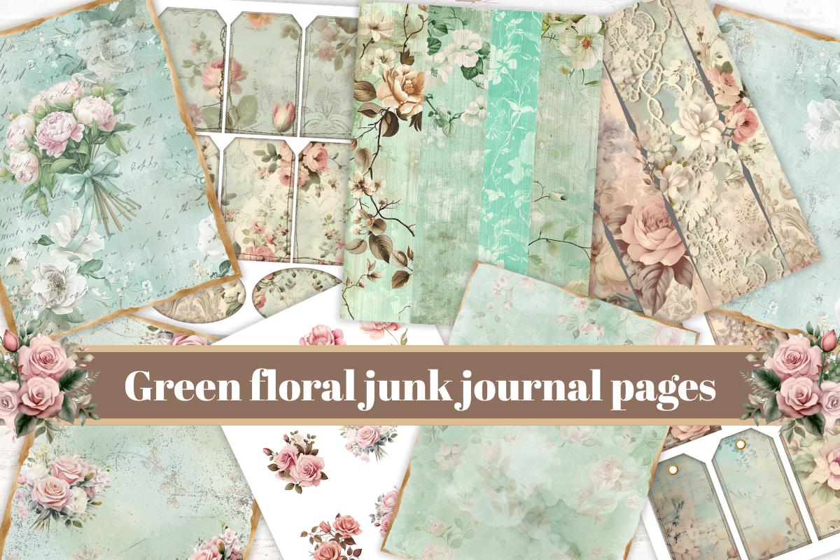 Green Floral Junk Journal Pages, Graphic by Shabby paper boutique ...