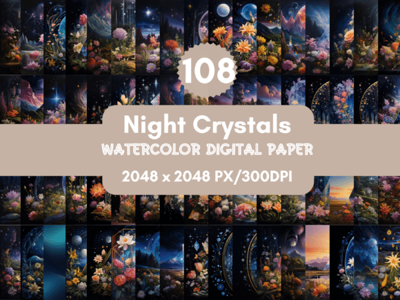 108 Night Crystals Digital Paper Graphic AI Patterns By Diana Hunter
