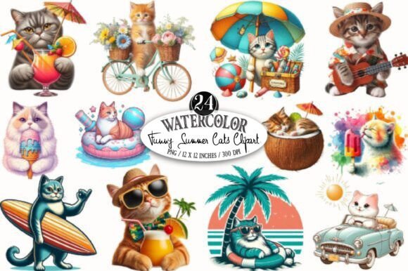 Funny Summer Cats Clipart Graphic by designking · Creative Fabrica